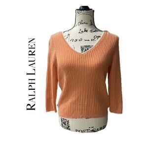 RALPH LAUREN CABLE KNIT SWEATER 100% COTTON V NECK SZ M CORAL/WHITE AESTHETIC